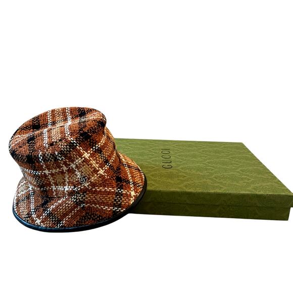 GUCCI GG Elevation Tweed Tartan Bucket Hat Cap 728469 Brown Size Medium NEW - Picture 8 of 16